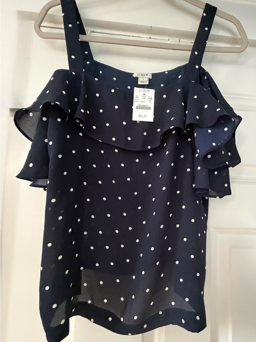 J. Crew Navy and White Polka Dot Ruffle Cold-Shoulder Camisole